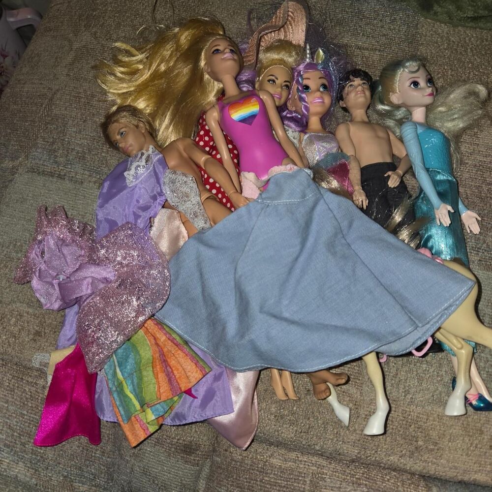 Barbie, Frozen Elsa, Unicorn & Clothes Bundle 8 dolls and clothes
